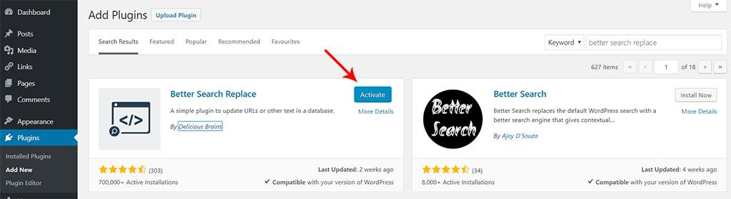 Activate better search replace plugin