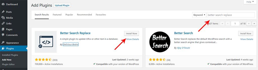 Install better search replace plugin