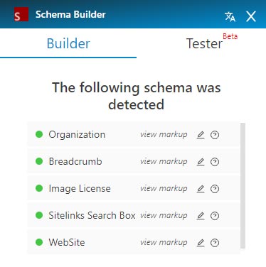 Schema builder showing different schema detected on a page.