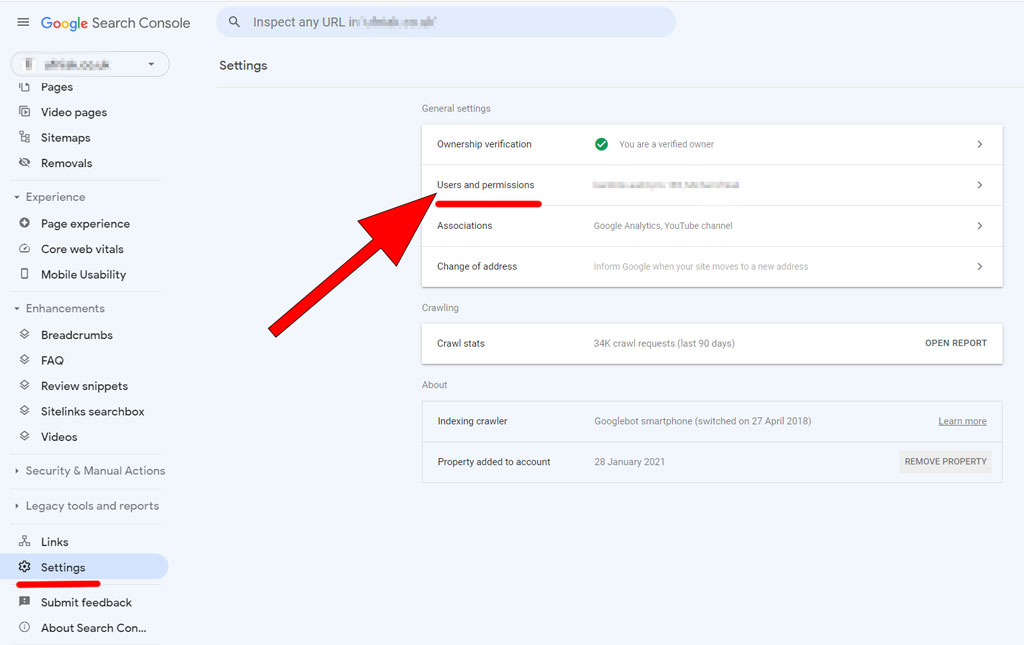 Screenshot of the Google Search Console interface showing the Settings button in the bottom left corner. The Settings button is represented by a gear icon and can be clicked to access the Settings menu.