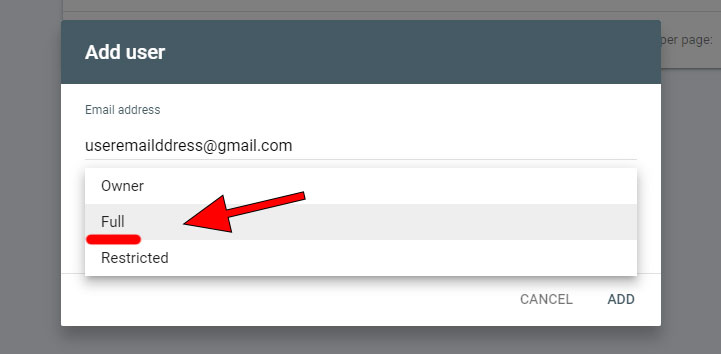 Screenshot of the Google Search Console interface showing the 'Add user' form, where the user is prompted to enter the email address of the person they want to add, choose the permission level, and click the 'Add' button.