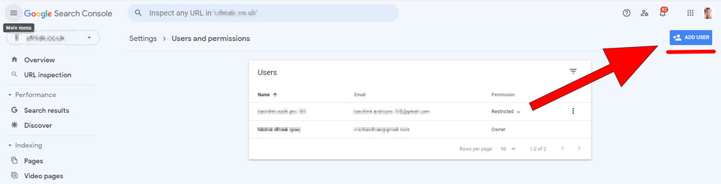 Screenshot of the Users and Permissions page in Google Search Console interface, showing a list of users with different permission levels assigned. The page includes options to add new users and modify existing ones.