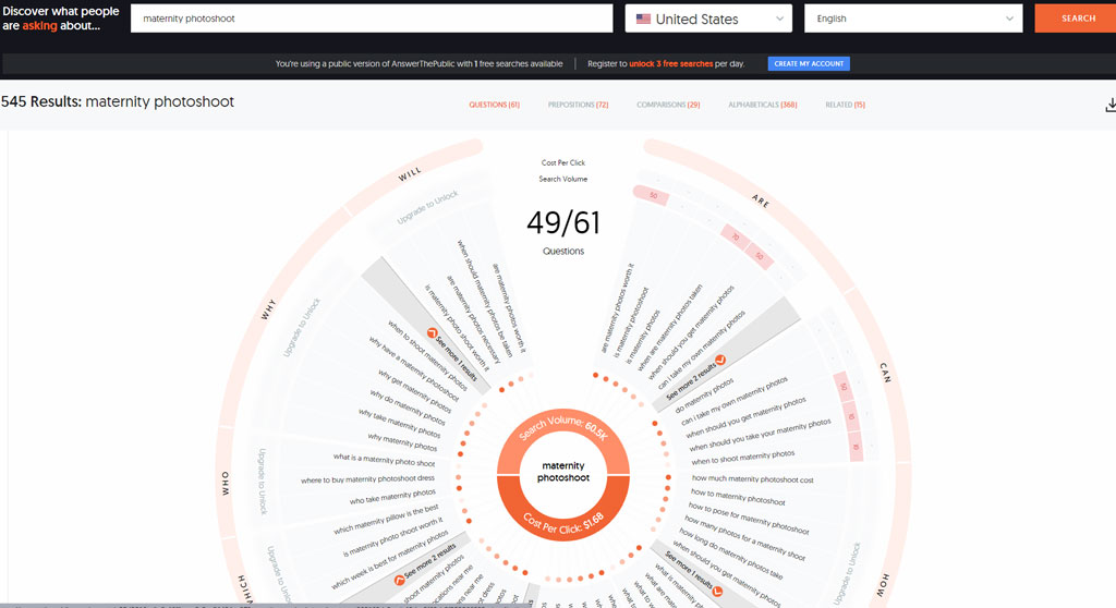 Keyword data visualisation available in Answer The Public's dashboard.