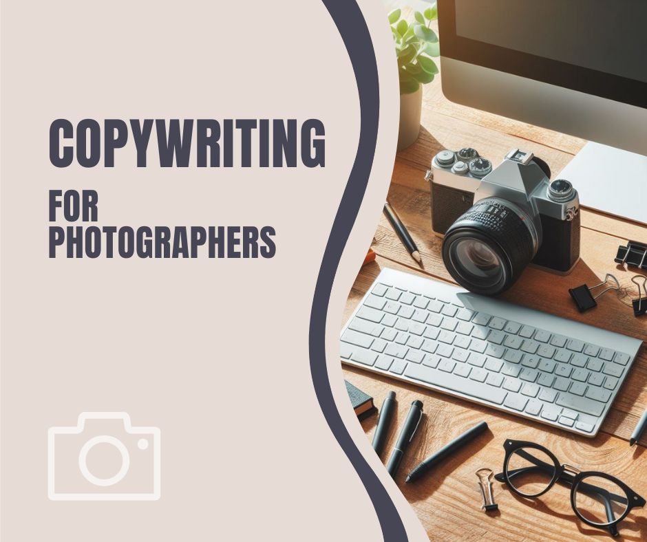 An organized desk featuring a sleek camera placed next to a modern keyboard. The camera represents the tools of a photographer, while the keyboard symbolizes the essential skill of copywriting for photographers.