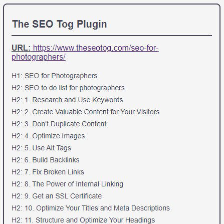 The SEO Tog Chrome plugin showing a structure of a page with H1 being the main heading.