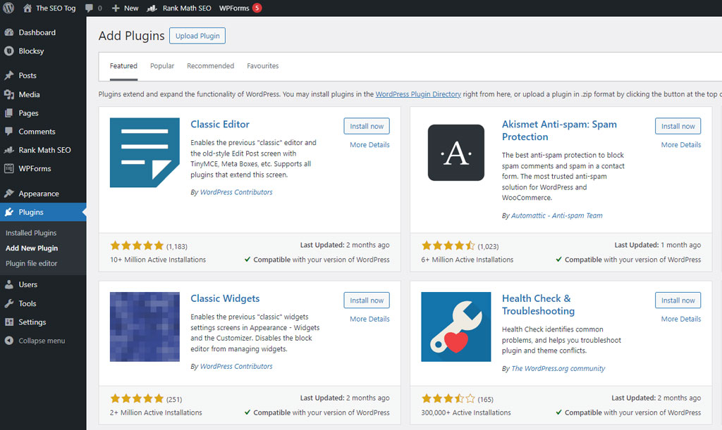 Wordpress admin panel showing a wide choice of plugins available to customise any photography website.