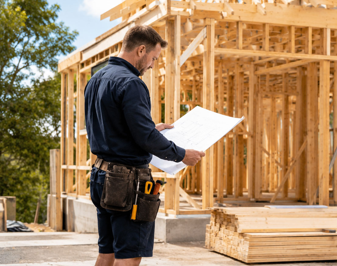 Builder reviewing plans beside a timber-framed construction project