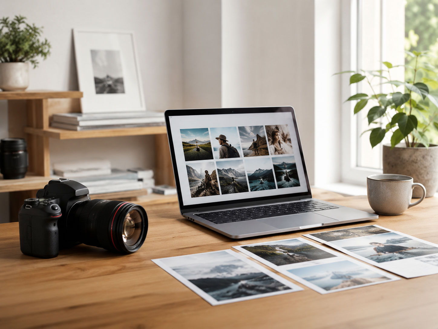 Camera, laptop and printed photographs on a photographer's desk