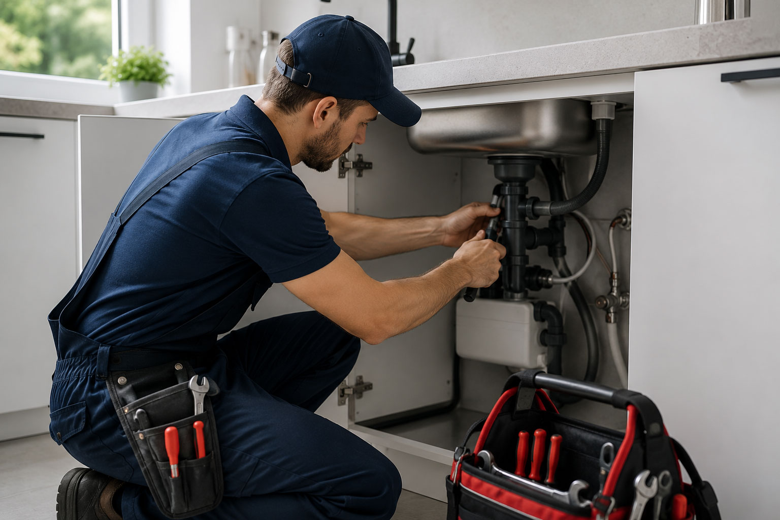 Plumber repairing pipework beneath a kitchen sink