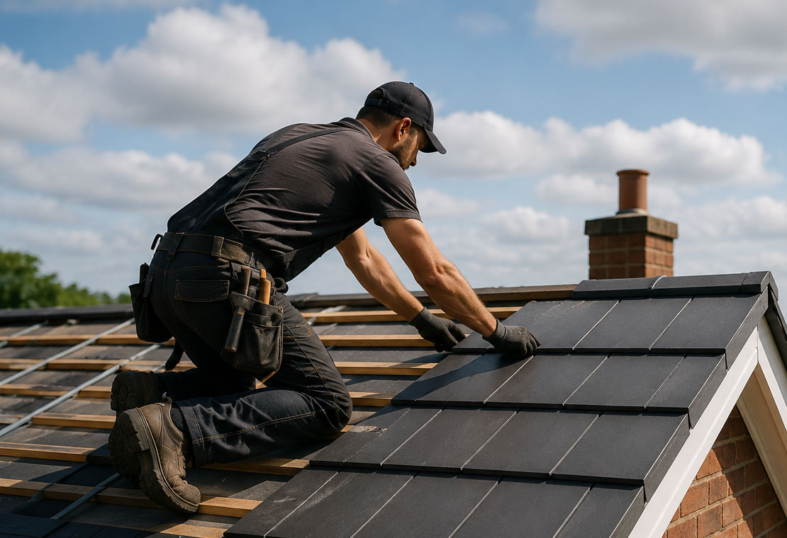 Roofer installing dark roof tiles on a pitched roof