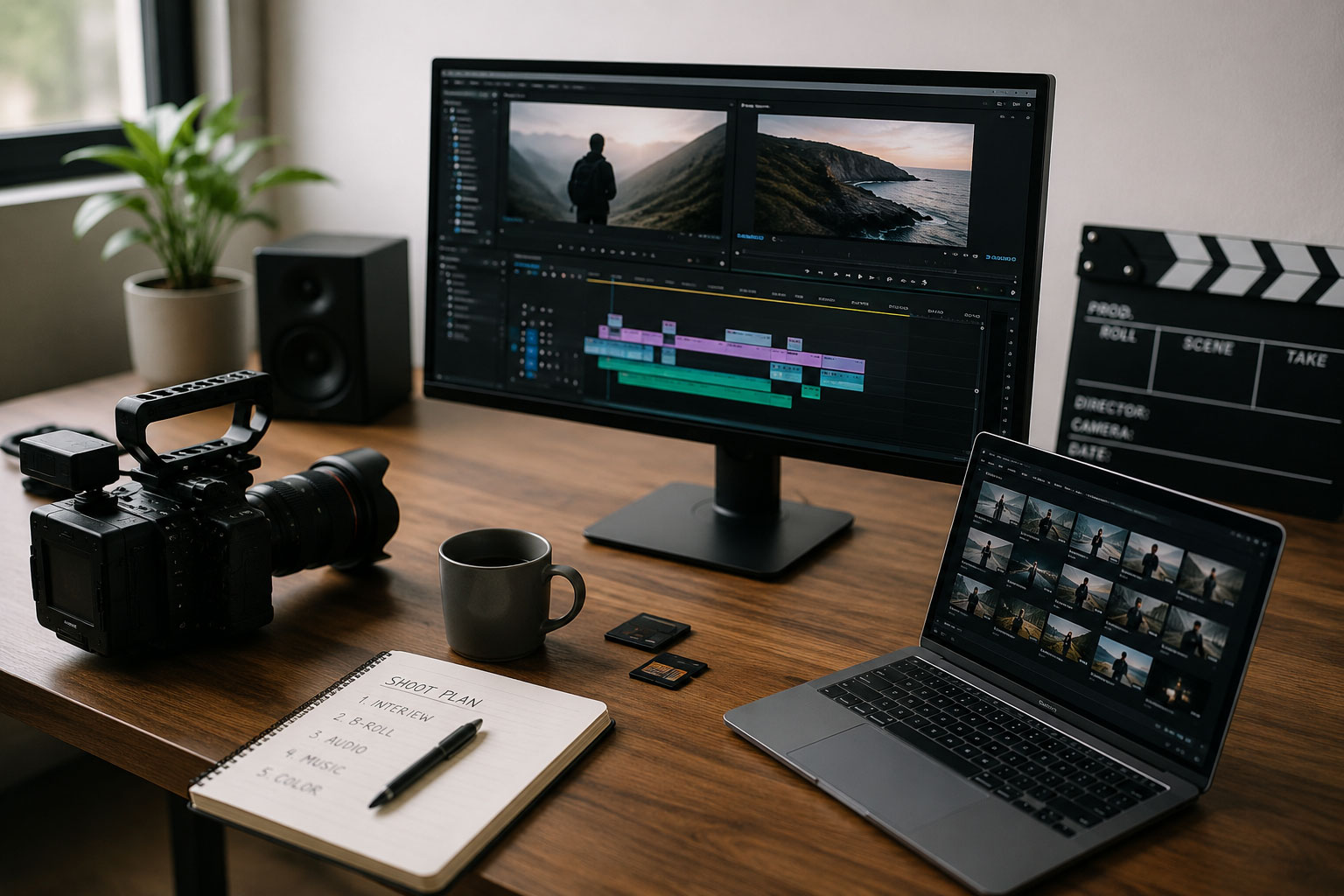 Video camera, editing screens and production equipment on a desk