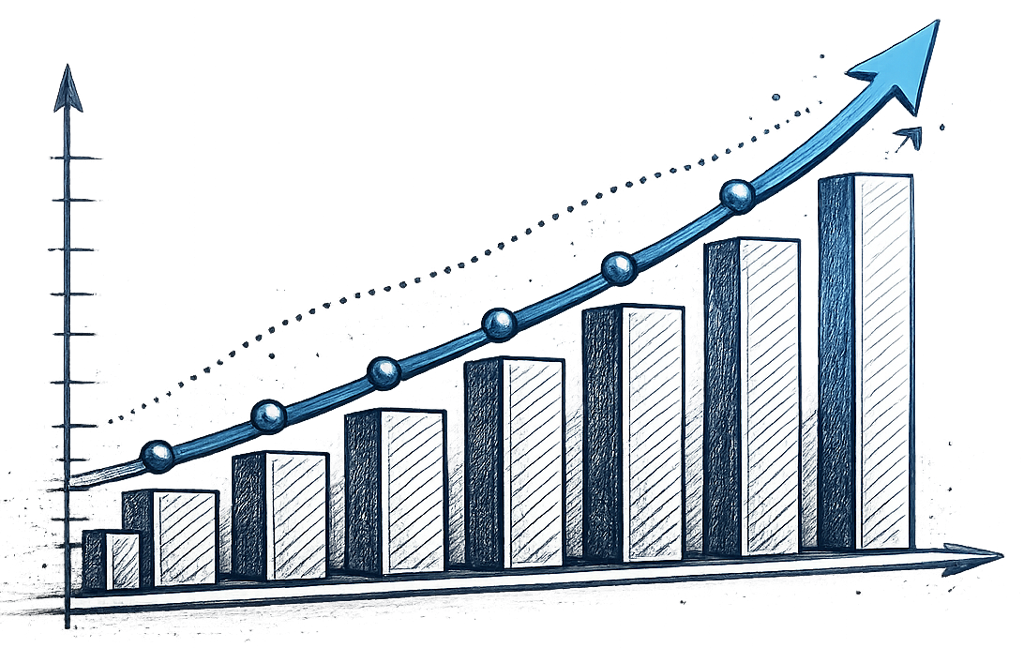 Modern growth graph illustration featuring ascending bar charts and an upward trend line with arrow, representing SEO growth, organic traffic increases, business visibility, and long-term search performance.