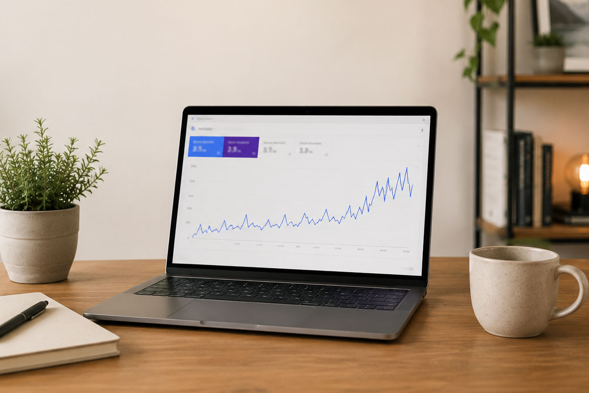 Laptop displaying a rising organic search performance graph on a bright office desk.